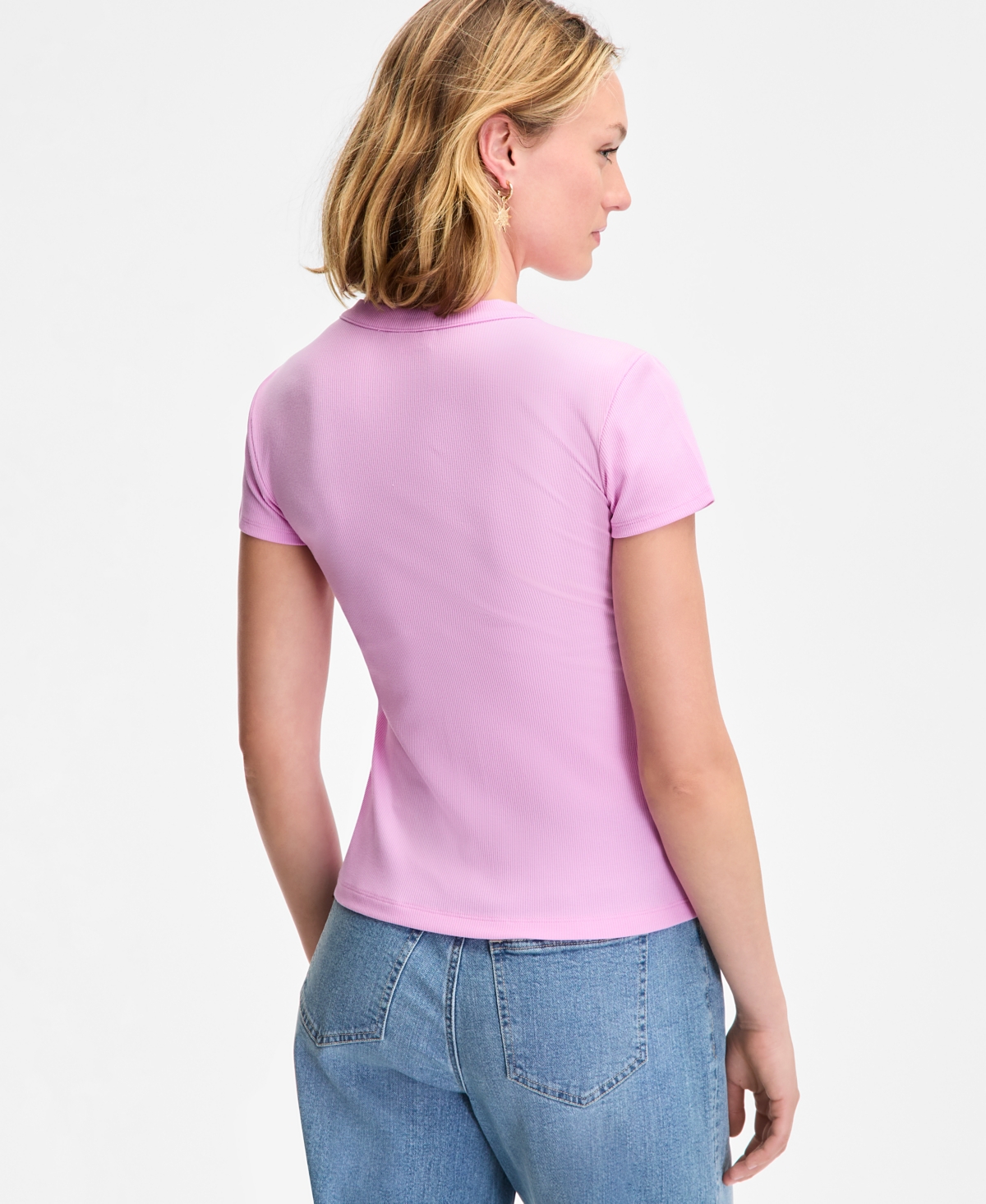 ON 34TH WOMEN'S RIB-KNIT SHORT-SLEEVE BUTTON FRONT TOP, EXCLUSIVELY AT MACY'S 