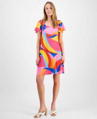 Robbie Bee - Women's Mod Print Flutter-Sleeve Shift Dress