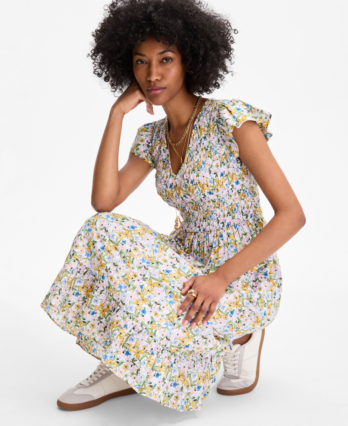 On 34th Women's Printed Smocked Flutter-sleeve Midi Dress, Exclusively At Macy's