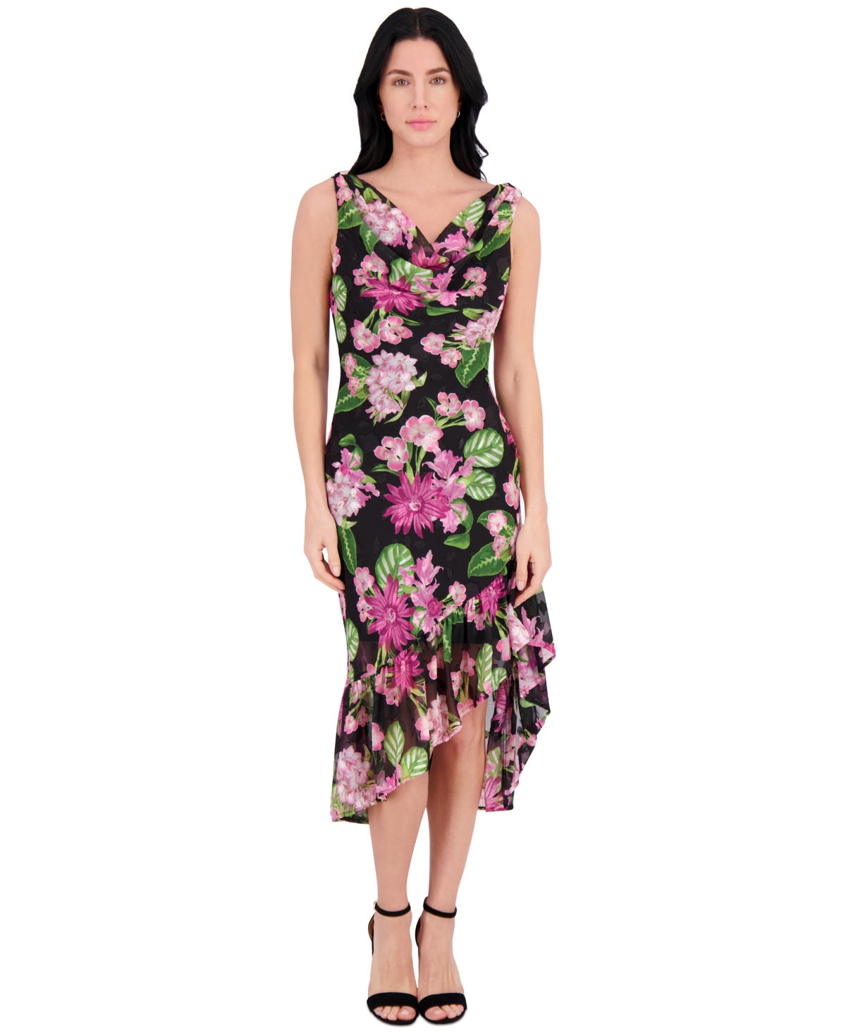 Women's Floral-Print Chiffon Flounce Dress - Black Multi