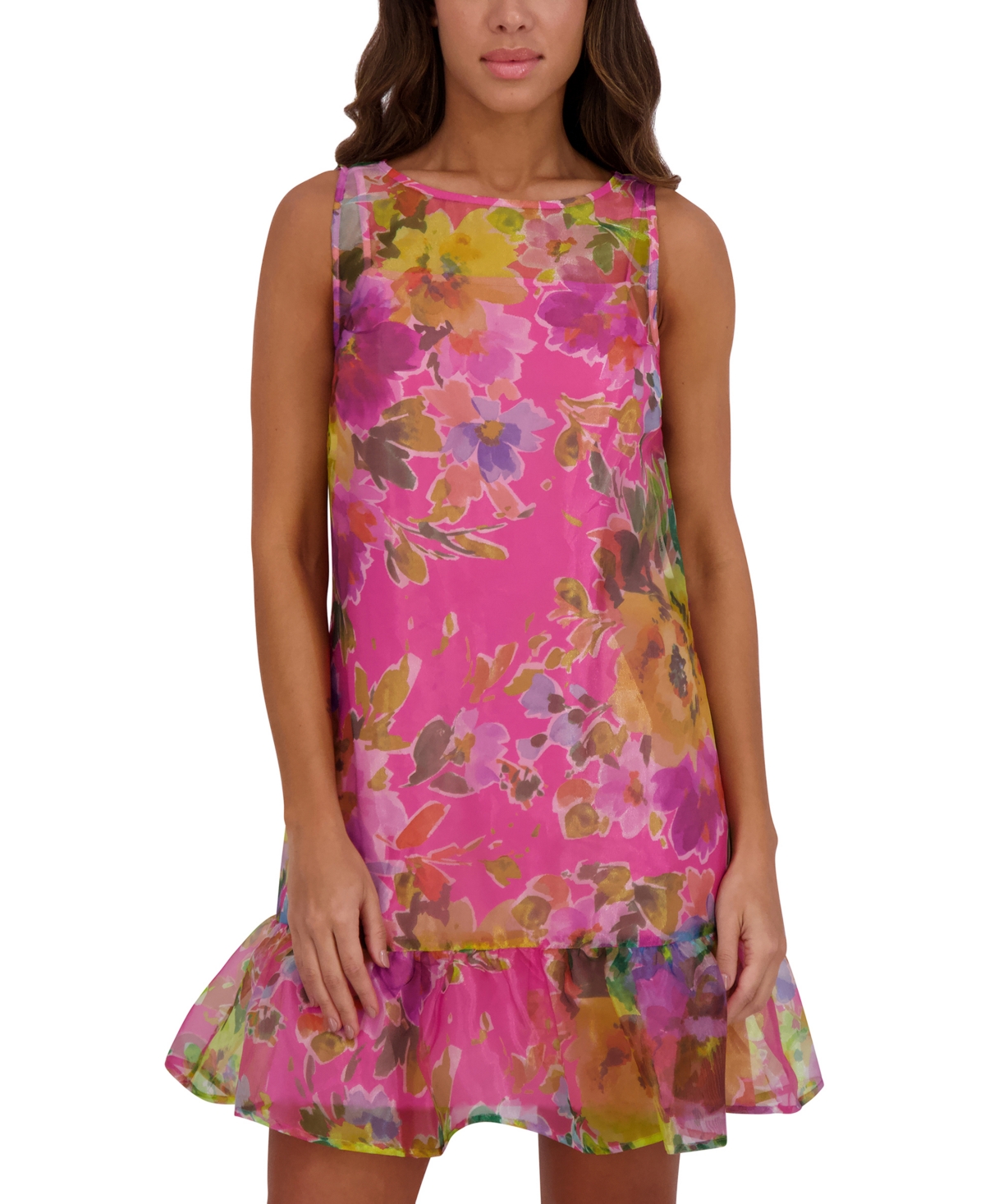 Kensie Women's Printed Organza Flounce-hem Mini Dress In Multi