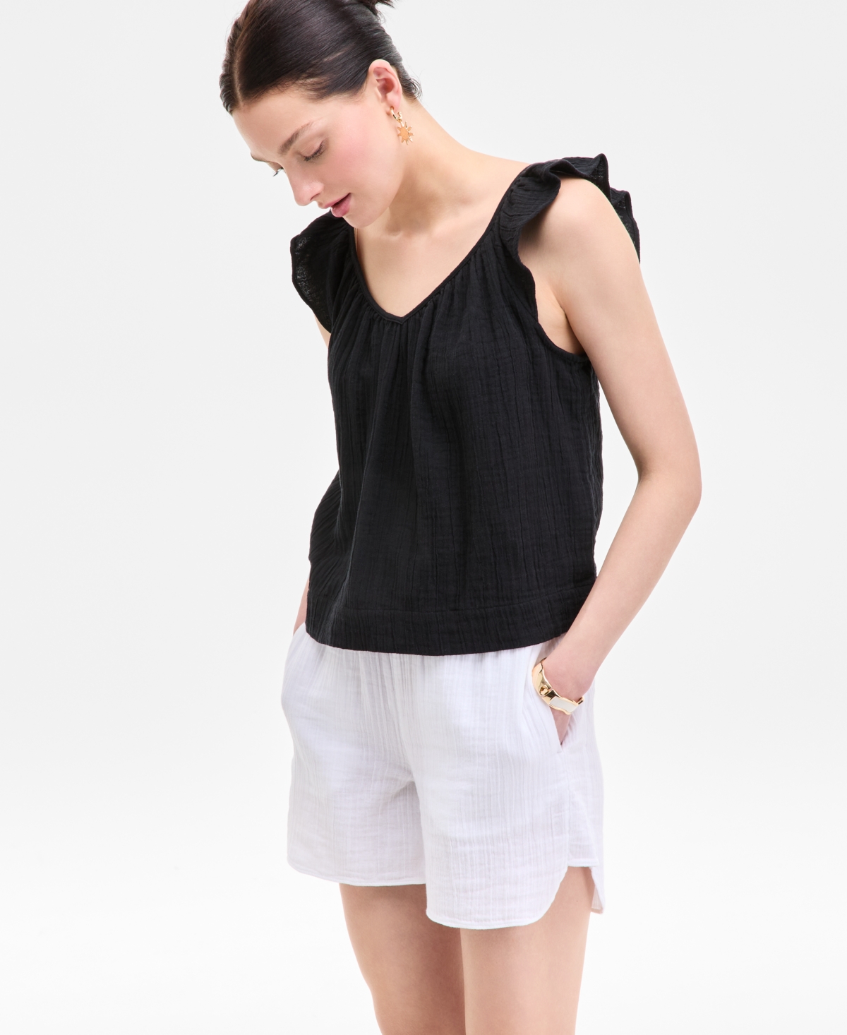 ON 34TH WOMEN'S COTTON GAUZE FLUTTER-SLEEVE TOP, EXCLUSIVELY AT MACY'S 