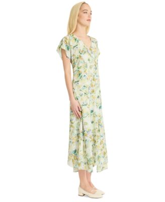 Women's Printed Raglan-Sleeve V-Neck Midi Dress