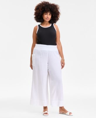 Plus Size Cotton Gauze Smocked-Waist Wide-Leg Pants, Exclusively at Macy's