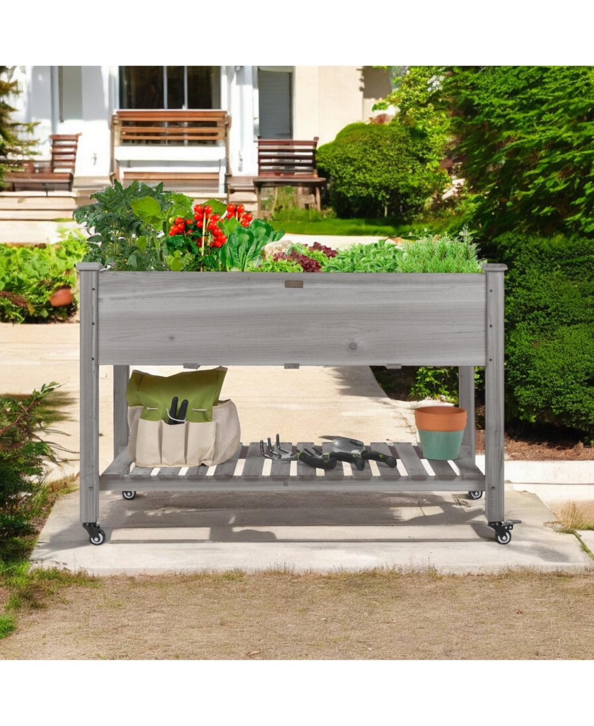 Outdoor Wood Raised Garden Bed Planter Box with Shelf and Locking Wheels