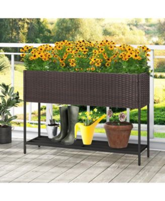 Wicker Raised Garden Bed with Storage Shelf and Drainage Gaps for Flowers