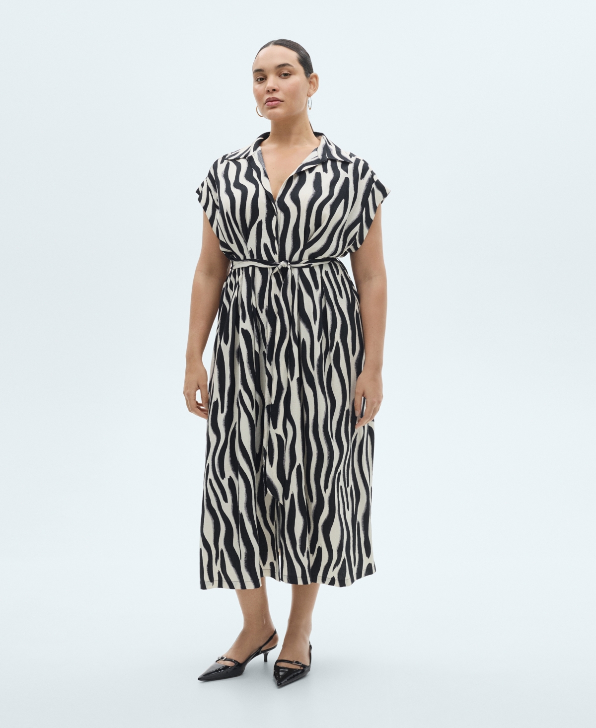 Mango Zebra Print Belted Midi Shirtdress In Black