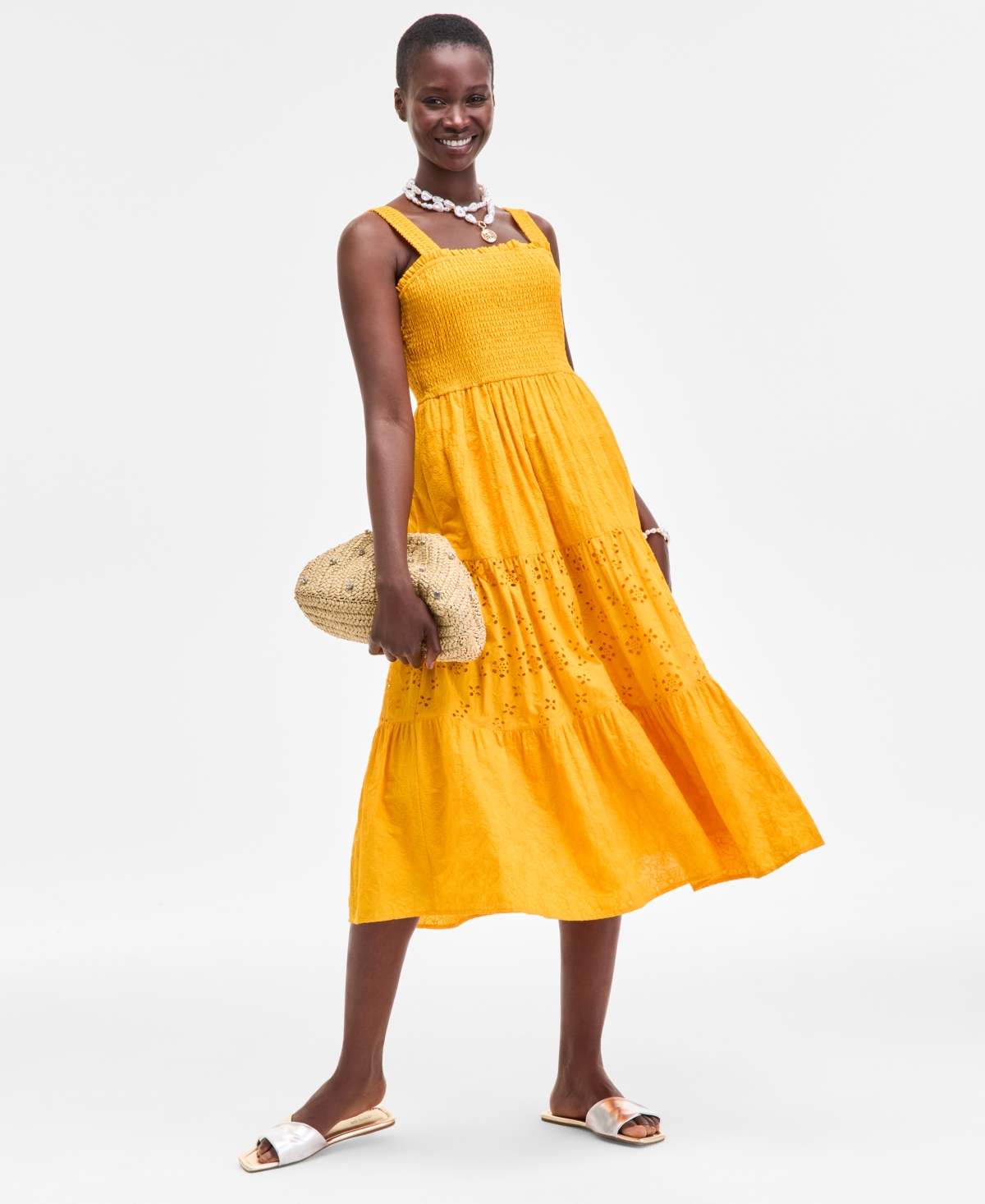 On 34th Women's Smocked Embroidered Eyelet Midi Dress, Exclusively At Macy's