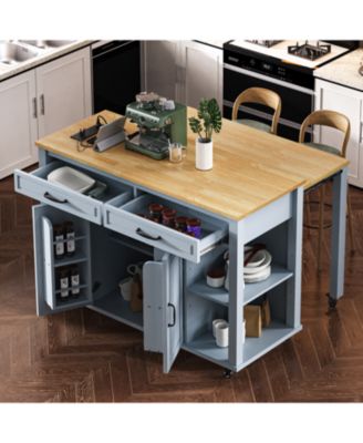 Extendable Grey Kitchen Island with Storage, Power Outlet & Drawers