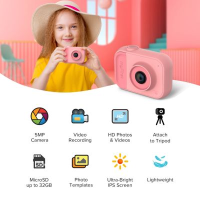 Camera 10 - Digital Mini Camera for Kids Ages 3-12, 1080P Video, 5MP Photos, Timer Mode, Fun Frames, Webcam, Tripod Adapter, Neck Lanyard & Memory Card (Pink)