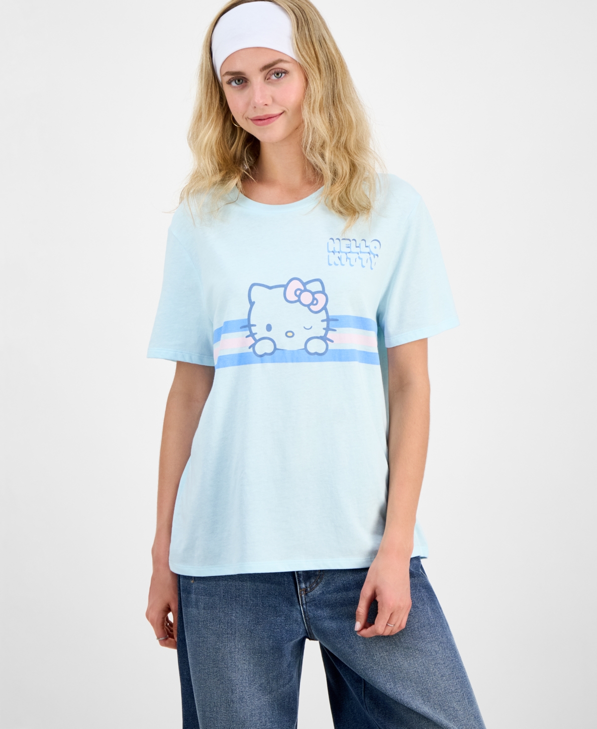 Juniors' Hello Kitty Stripe Graphic Print T-Shirt - Blue