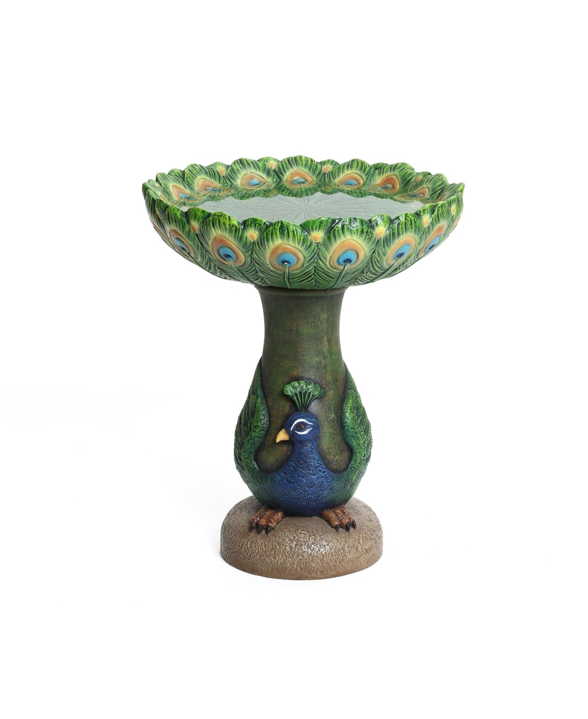 Blue and Green Peacock 20.5-Inch Tall Resin Birdbath - Green, blue, yellow, brown