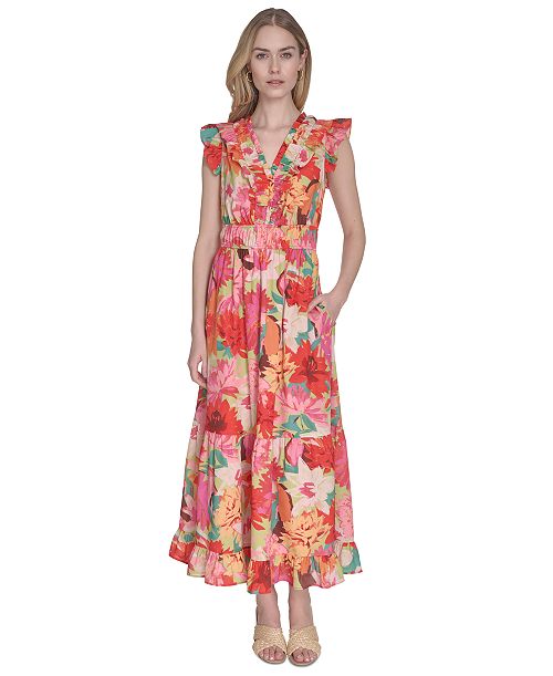 alfani Vince Camuto Women's Floral-Print Ruffled-Shoulder Dress Women's Fashion Shoes & Accessories