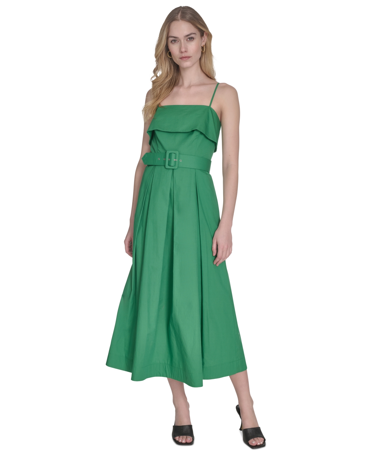Vince Camuto Women's Cotton Belted Foldover-neck Midi Dress In Grn
