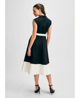 Women's Notched Collar Full Skirt Midi Cotton Dress