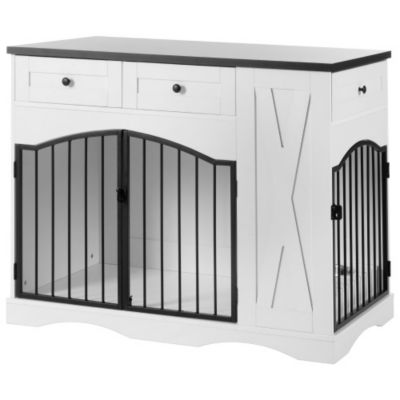43.3inch Farmhouse Dog Crate Furniture Heavy Duty Dog Kennel with 3 Drawers and Feeder White