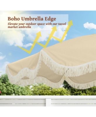 9 Ft Fashionable Boho Vintage Tassels Print Patio Umbrella with Push Button Tilt Pole