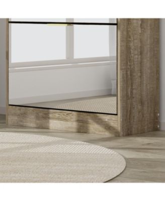 Wooden 3-door natural shoe cabinet,Mirror door panel, multi-purpose shoe rack with metal handles