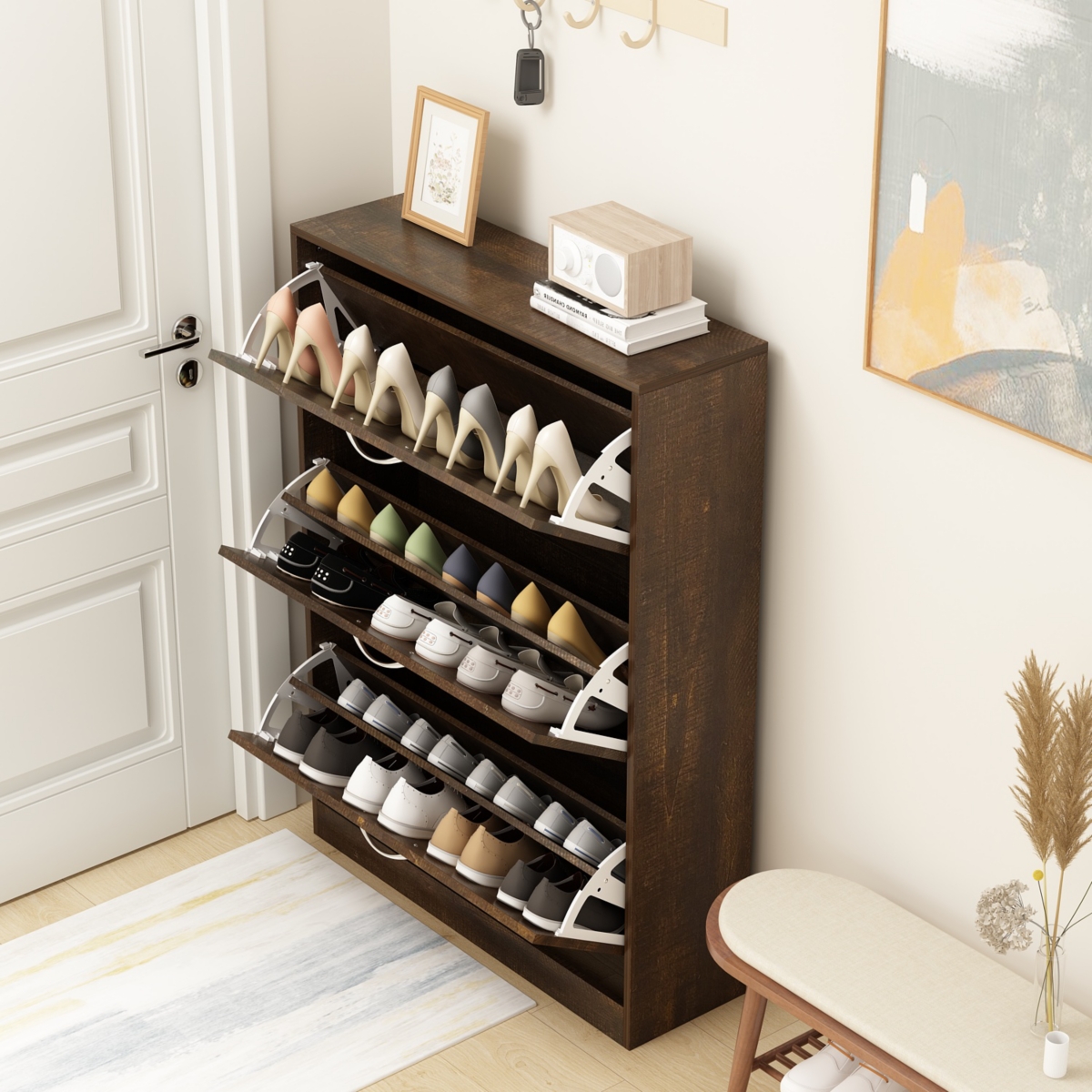 White Wooden Shoe Storage Cabinet,Fashion Shoes Cabinet with 3-Drawers - Brown