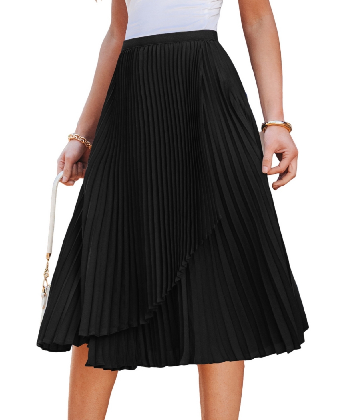 Women's Satin Pleats Black Mini Skirt - Black