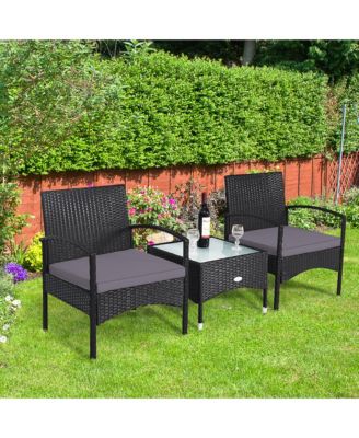 3 PCS Patio Wicker Rattan Furniture Set Coffee Table & 2 Rattan Chair w/ Cushion