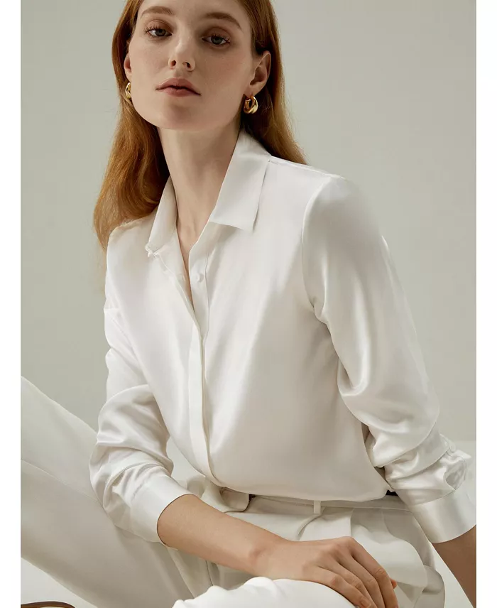 Women's Basic Concealed Placket Regular Fit Silk Shirt - thumbnail 4