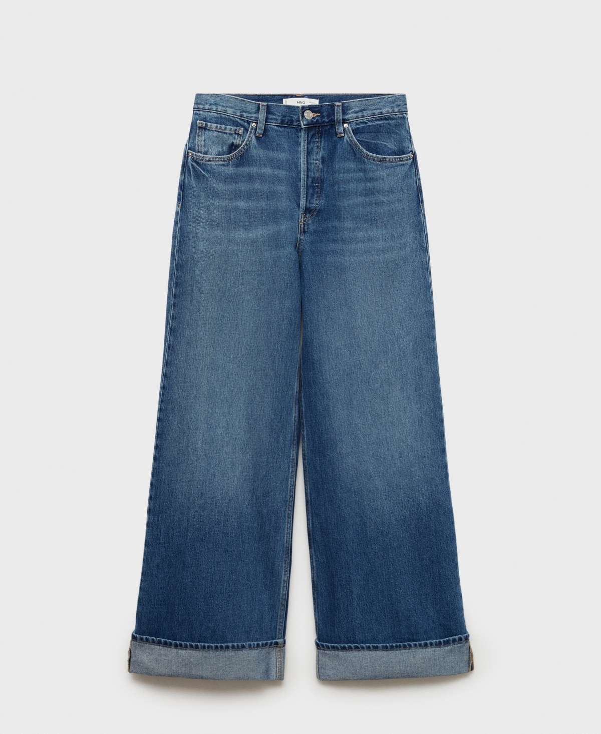 Mango Cuffed Wide Leg Jeans In Medium Blue