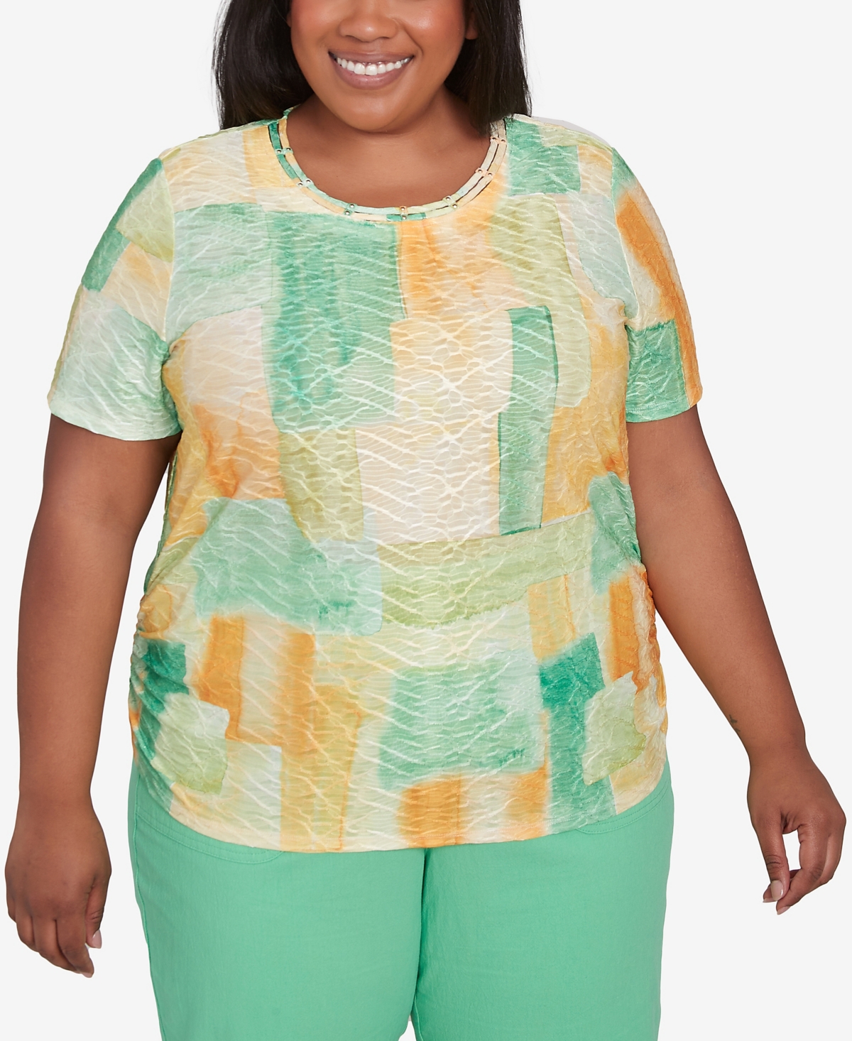 Alfred Dunner Plus Size Rise And Shine Textured Patch Short Sleeve Top In Lemon Multi