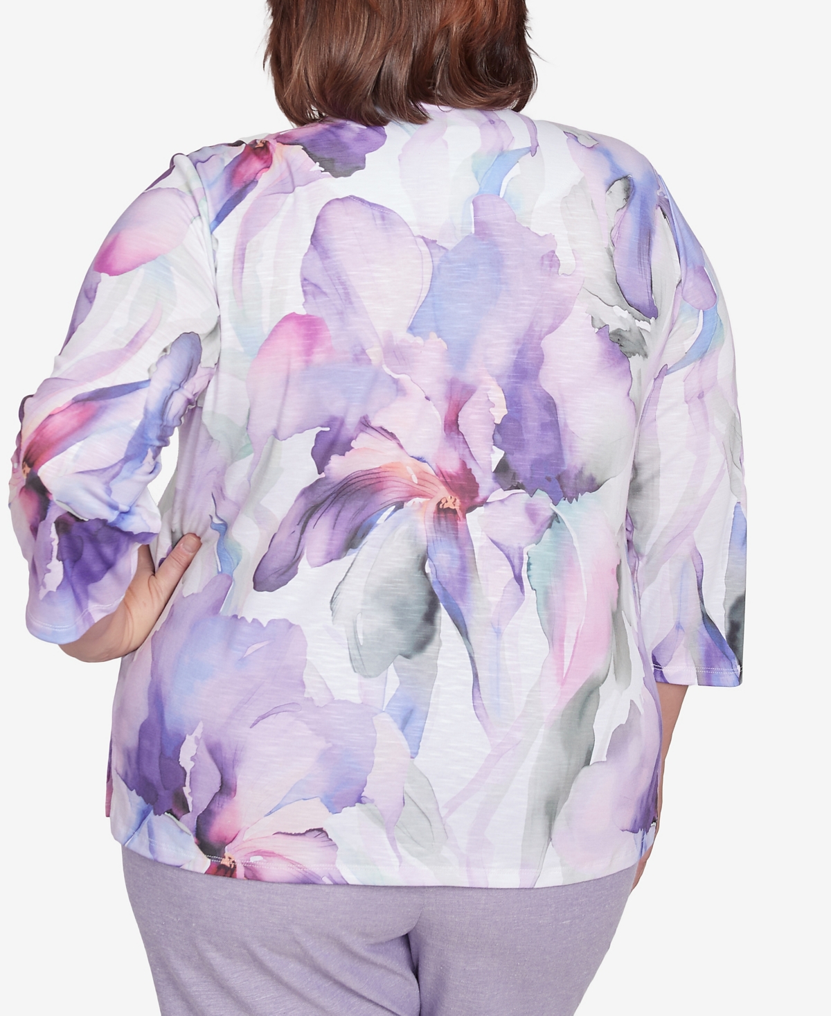 Alfred Dunner Plus Size Crystal Springs Dramatic Flower Top In Lilac Multi