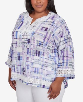 Plus Size Crystal Springs Watercolor Plaid Lace Neck Top
