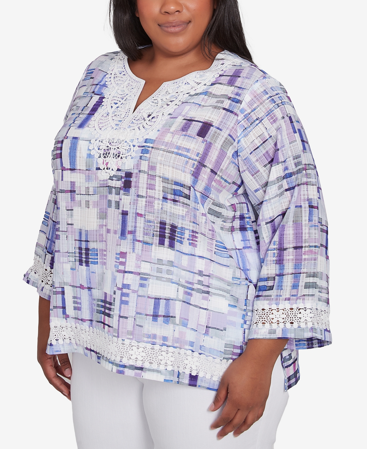 Alfred Dunner Plus Size Crystal Springs Watercolor Plaid Lace Neck Top In Lilac