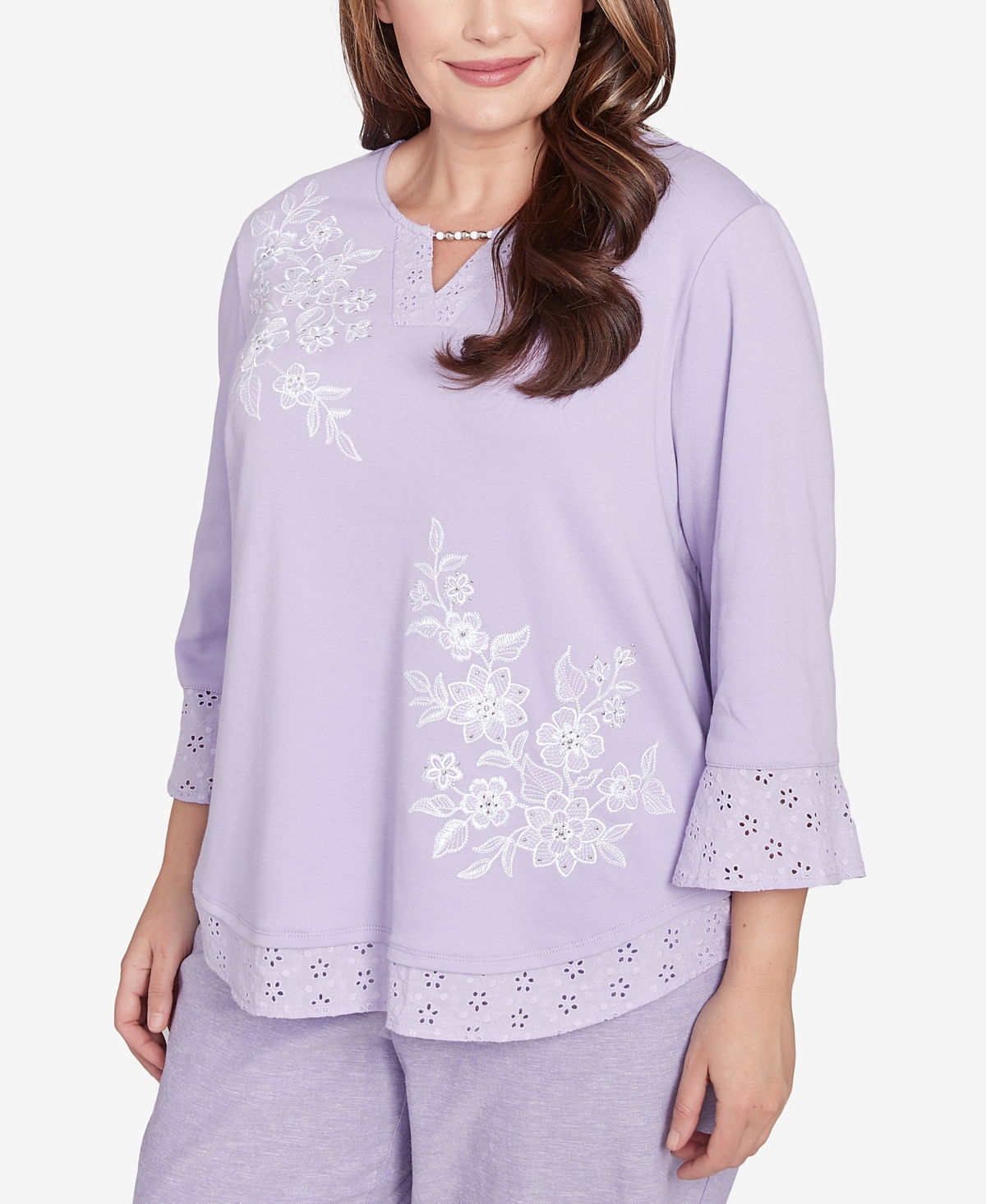 Alfred Dunner Plus Size Crystal Springs Floral Embroidered Eyelet Sleeve Top In Lilac