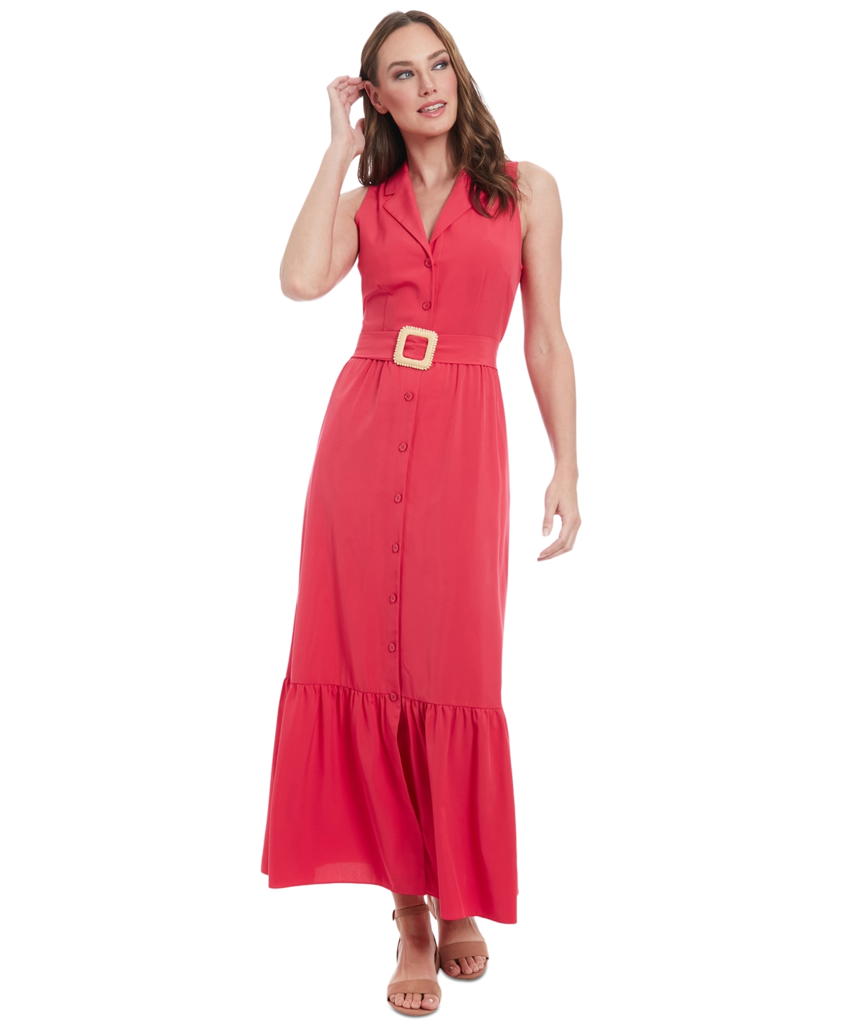 Women's Sleeveless Tiered Maxi Shirtdress - Medium Red