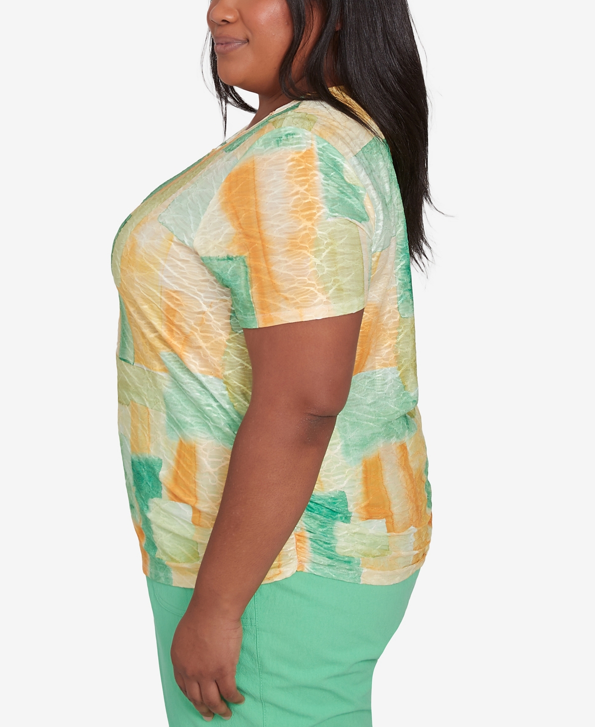 Alfred Dunner Plus Size Rise And Shine Textured Patch Short Sleeve Top In Lemon Multi