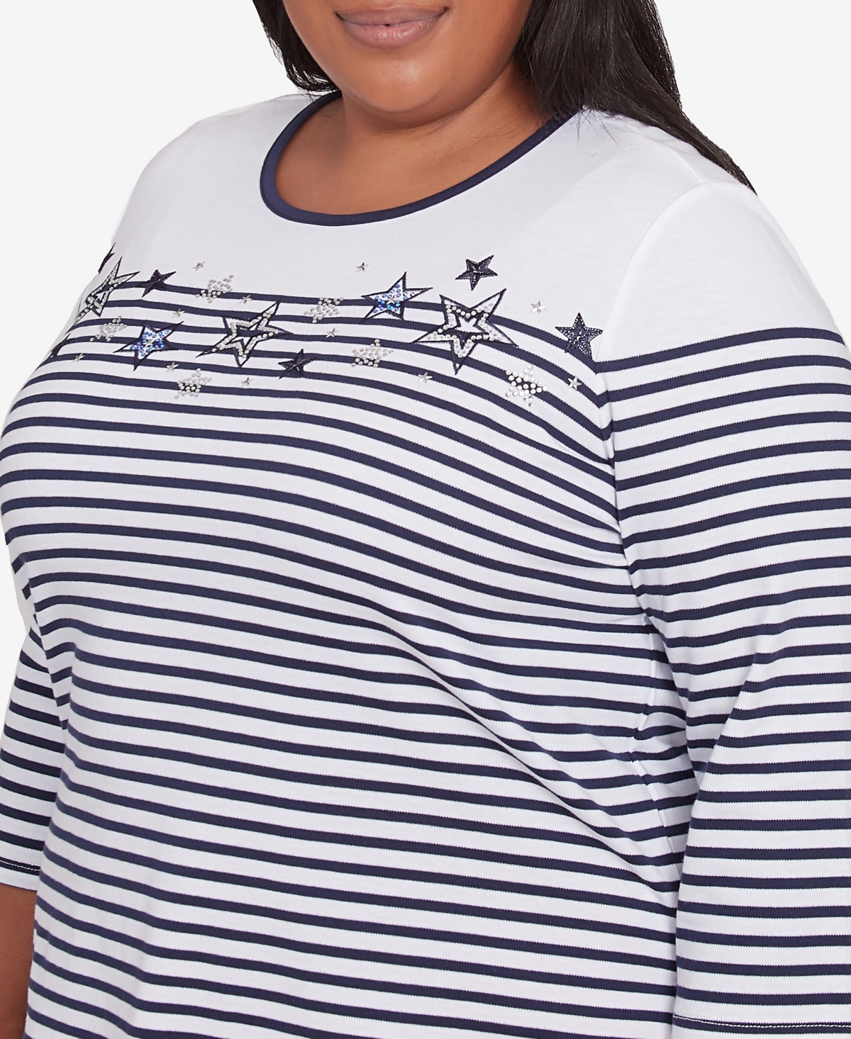 Alfred Dunner Plus Size Land Of The Free Striped Star-studded Crew Neck Top In Navy Multi