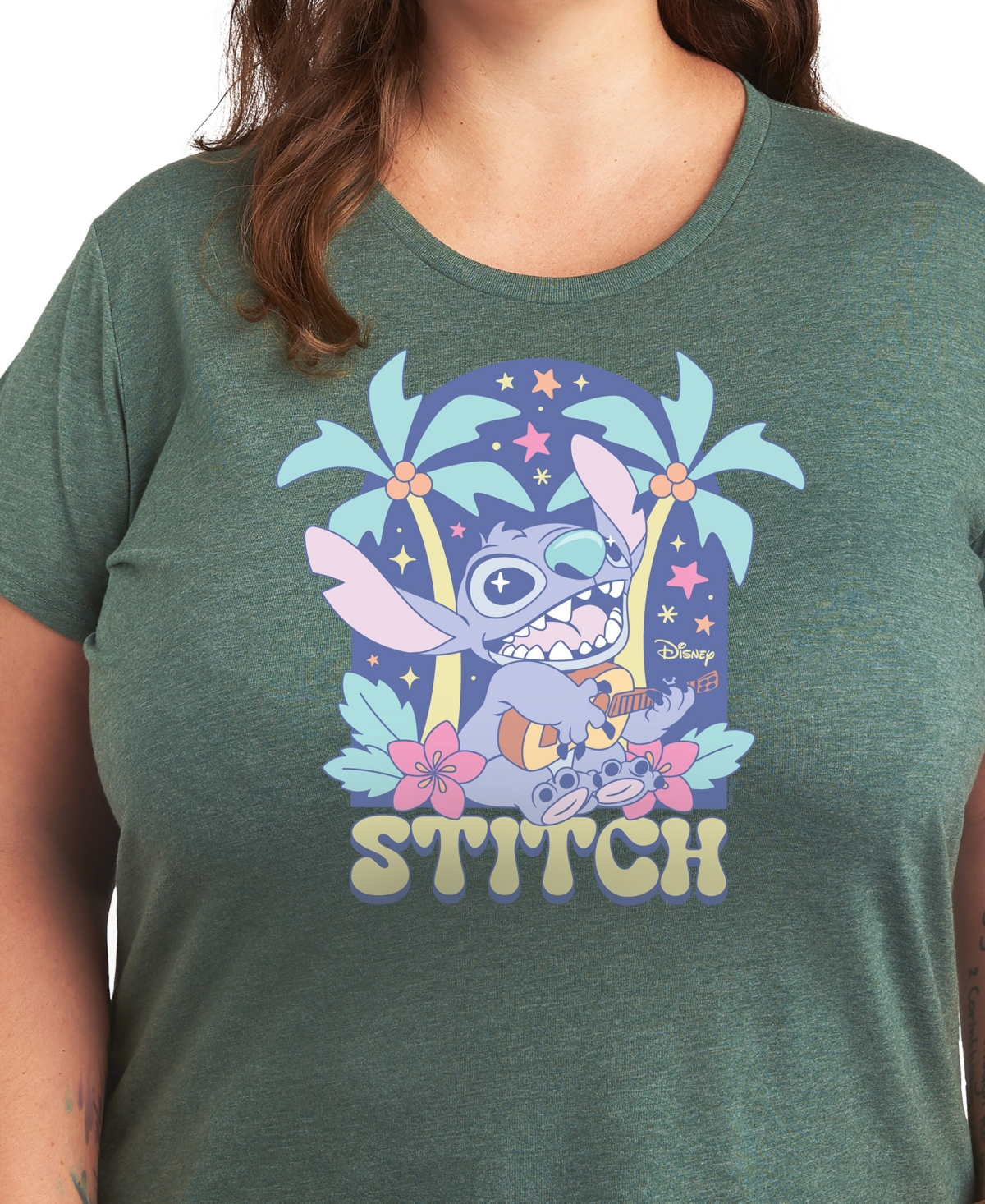 Hybrid Apparel Plus Size Lilo Stitch Ukulele Graphic T-shirt In Green