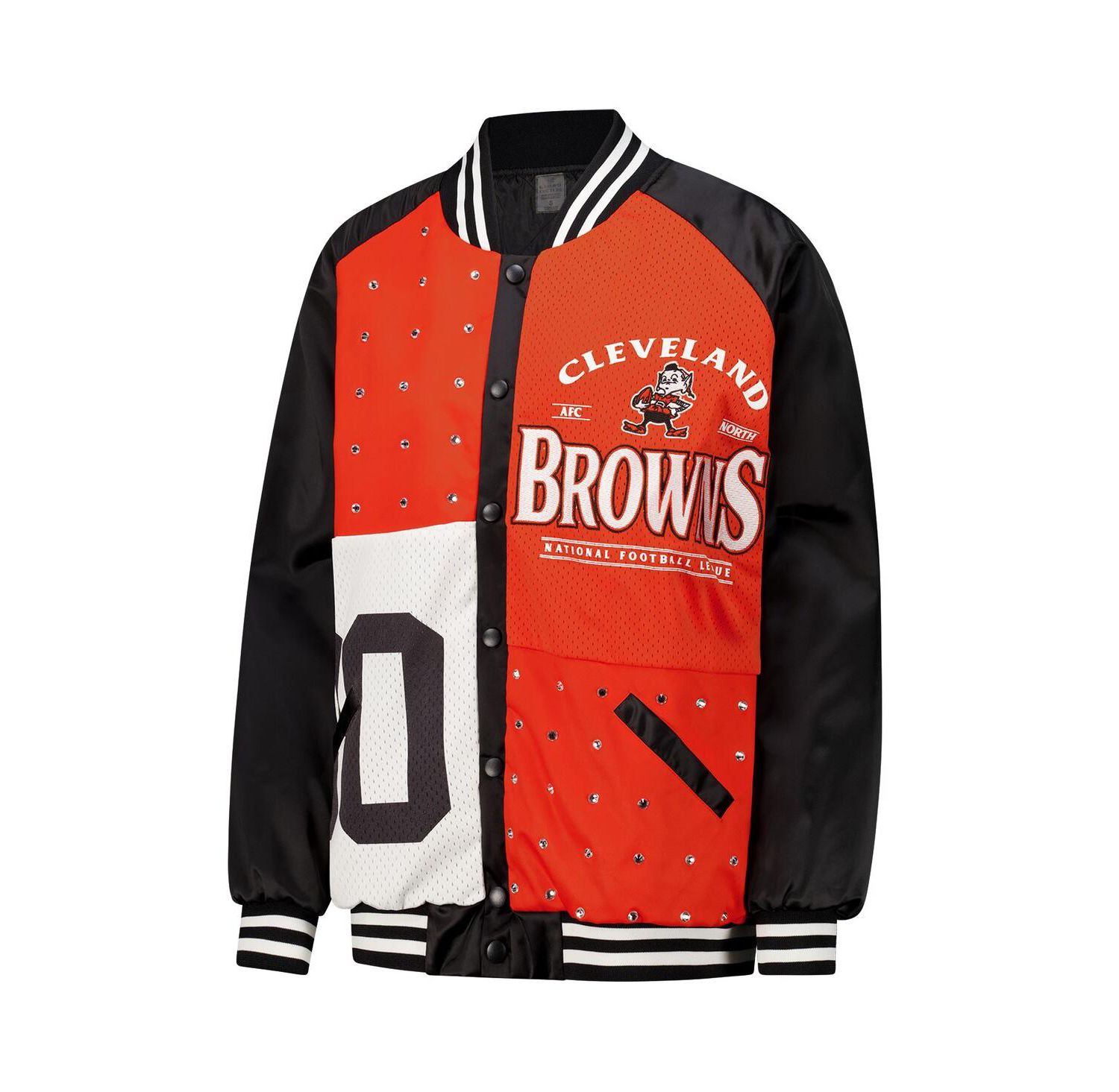 Women's Black/Orange Cleveland Browns Oversized Hot Shot Rhinestone Throwback Full-Snap Varsity Bomber Jacket