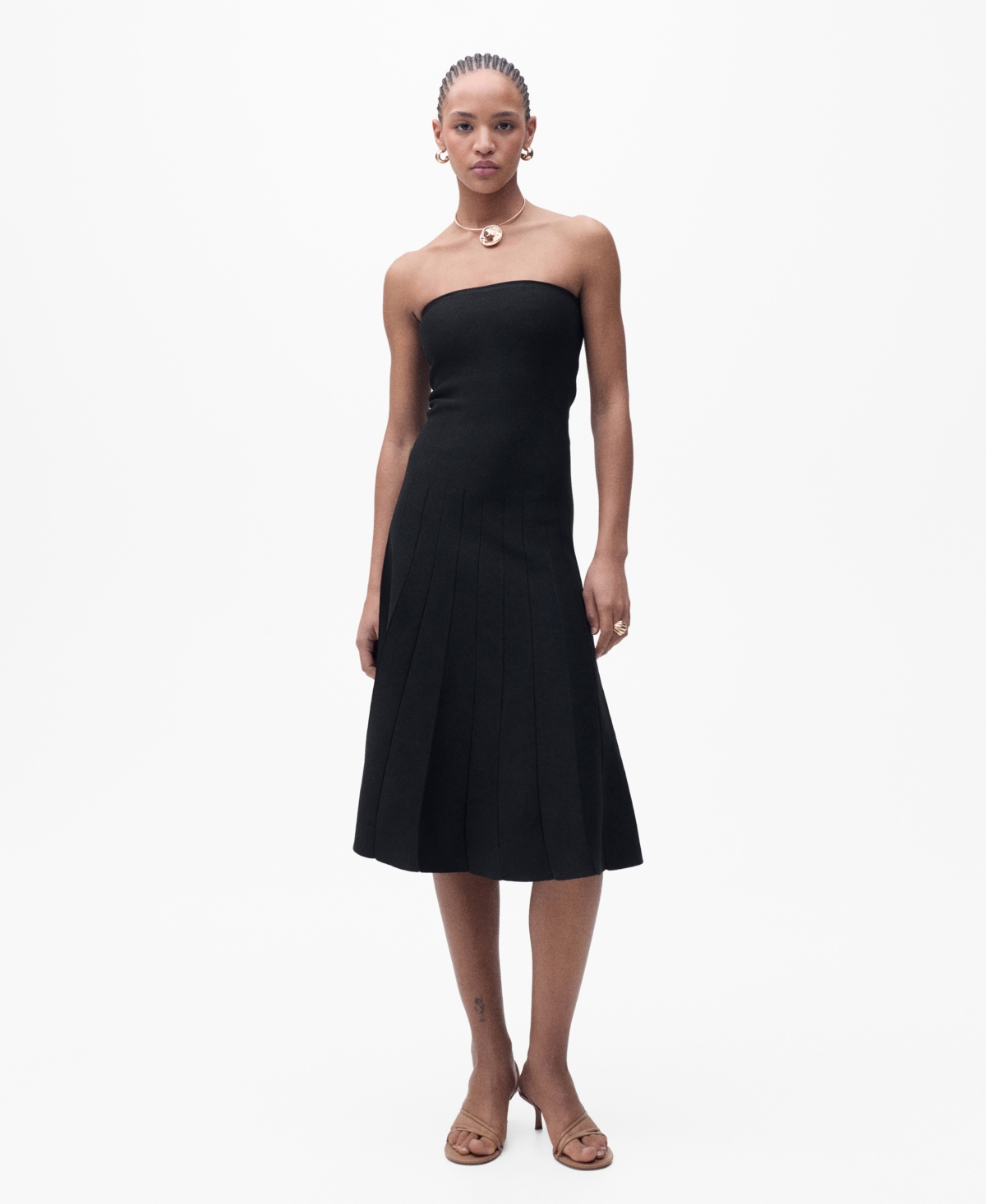 Mango Strapless Flared Knit Dress Black In Black