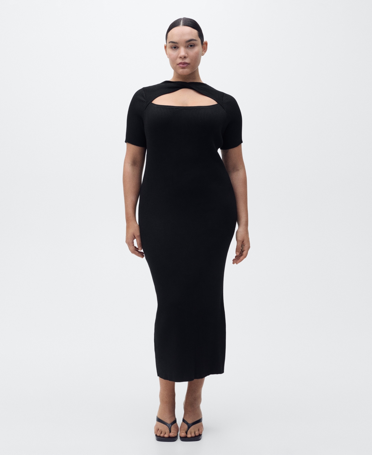 Mango Keyhole Rib Midi Dress In Black