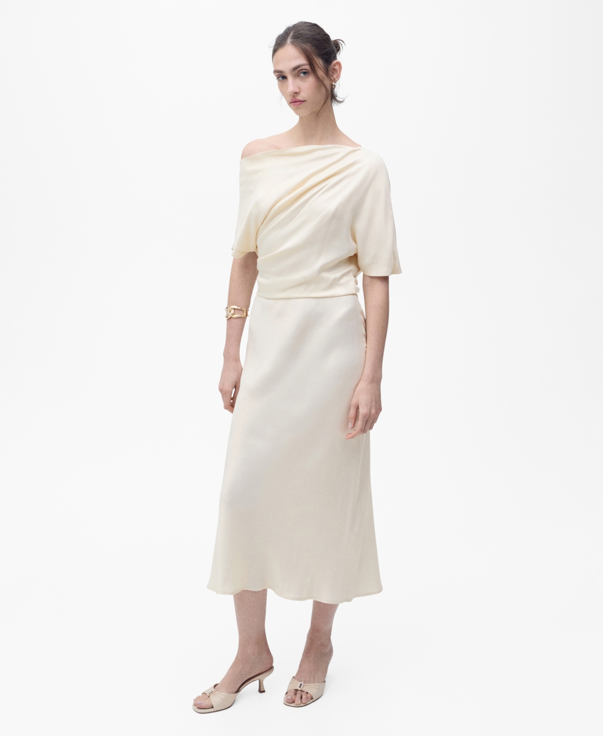 Mango Draped Asymmetrical Midi-dress Ecru In Ecru