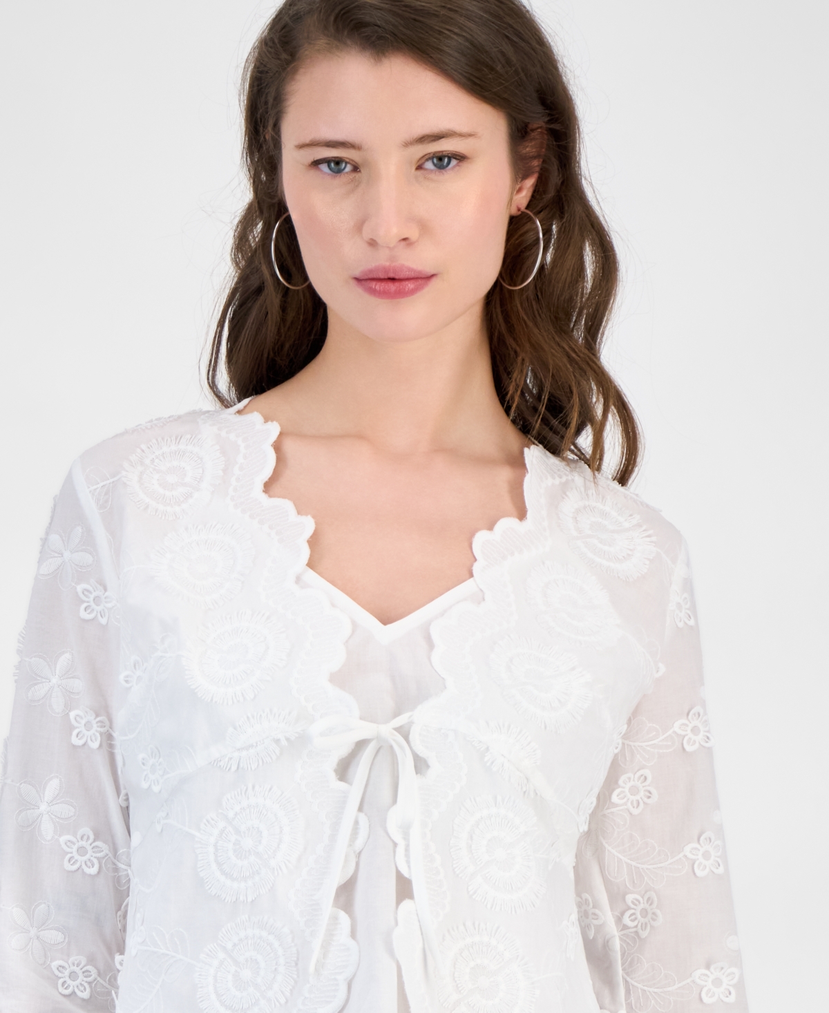 Guess Aida Floral Embroidered Tie Front Long Sleeve Top In White
