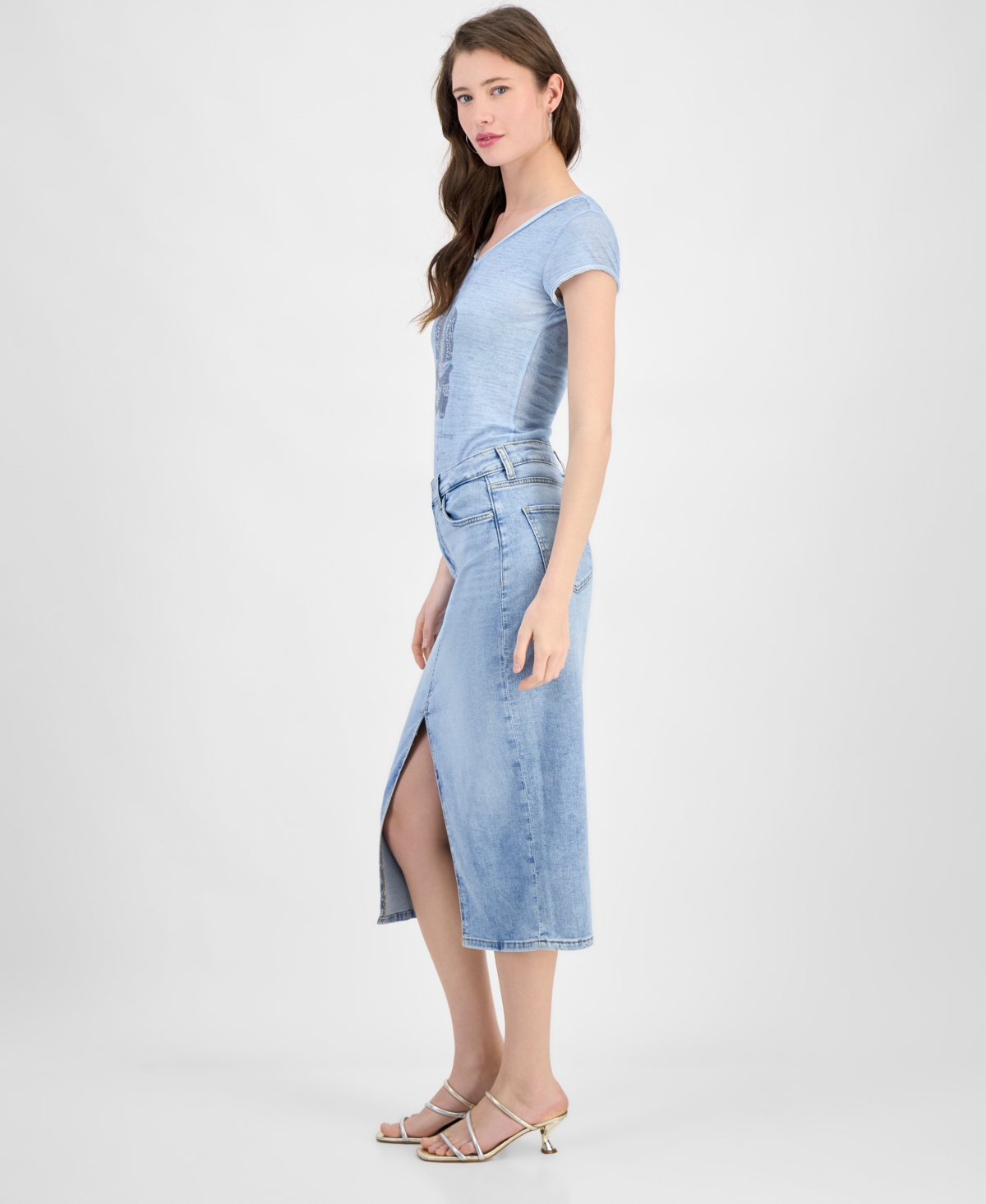 GUESS WOMEN'S MILA DENIM FRONT-SLIT MIDI SKIRT 