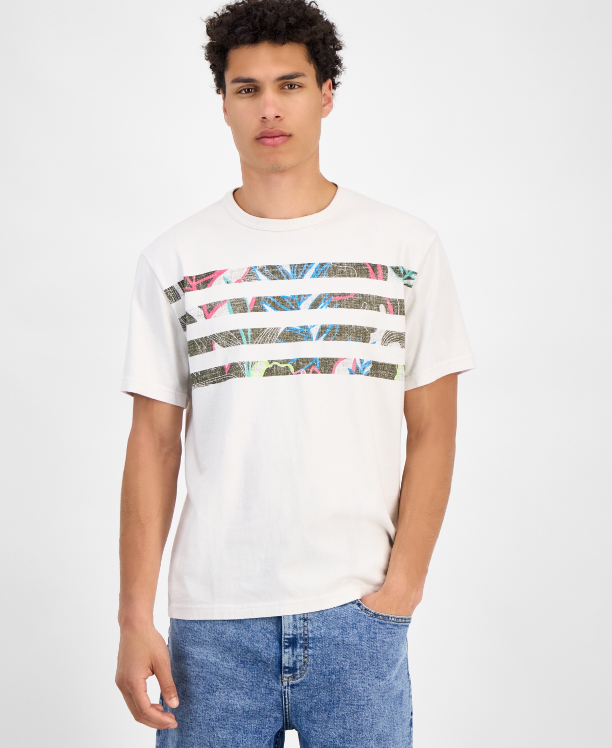 Sun + Stone Men's Jack Short Sleeve Striped Tropical Graphic Crewneck T-shirt, Exclusively At Macy's