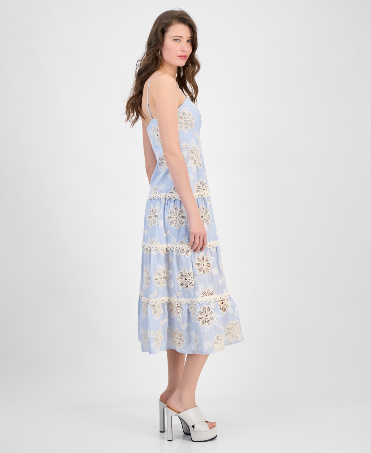 GUESS WOMEN'S FLORAL EYELET TIERED MIDI DRESS 