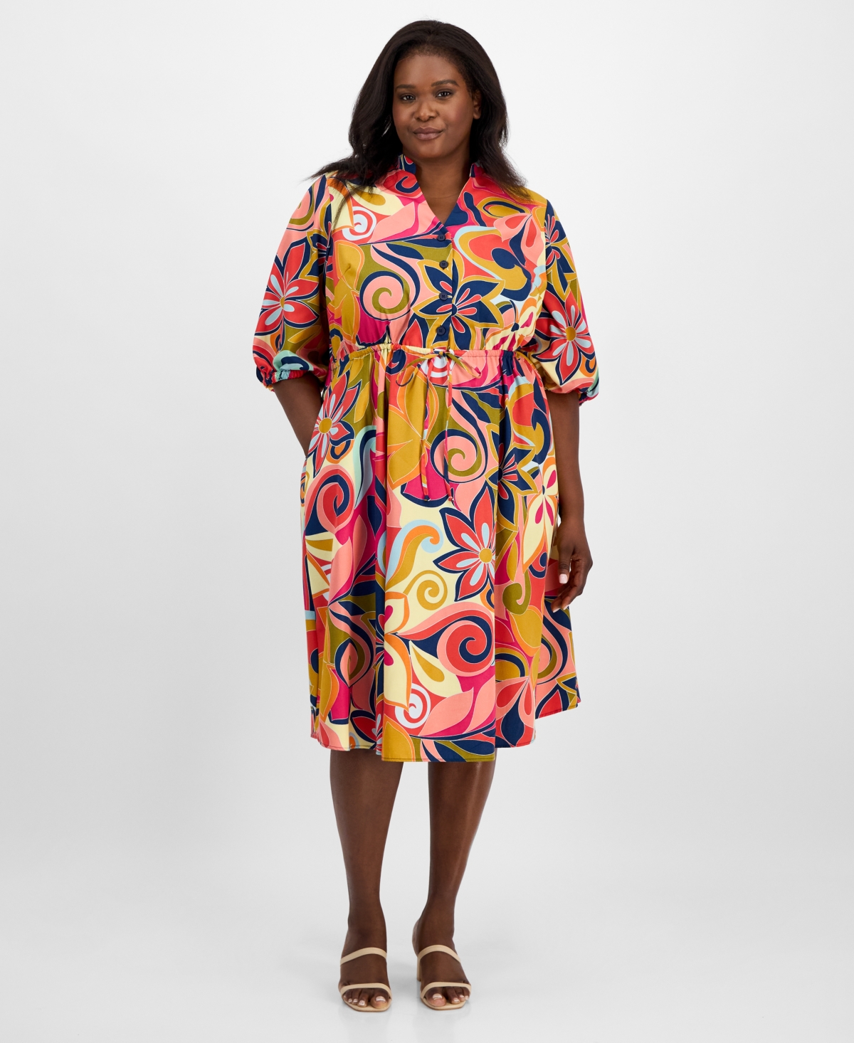 Plus Size Printed Drawstring-Waist Shirtdress - Multi