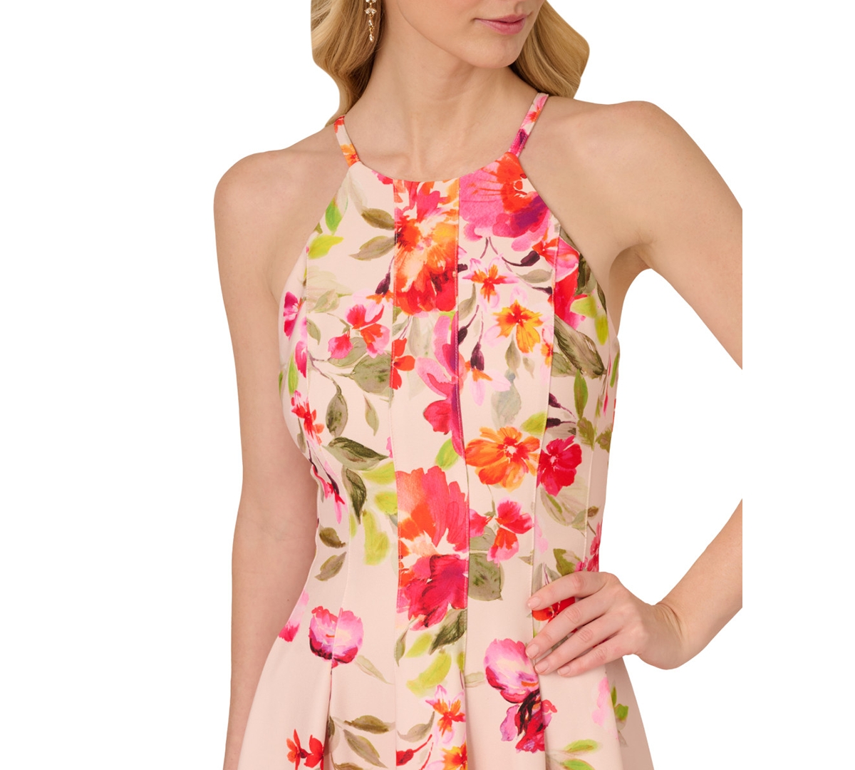 Shop Adrianna Papell Women's Floral-print Pleated Fit & Flare Halter Dress In Champagne Multi