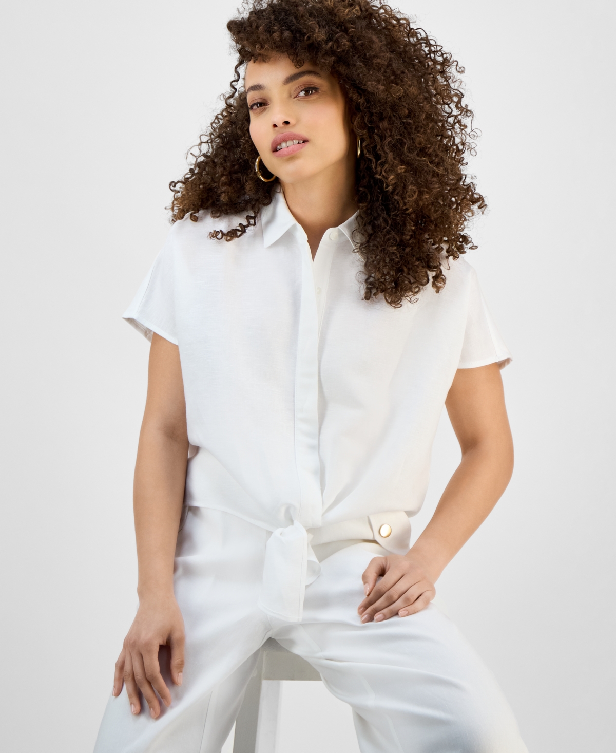 Inc International Concepts Petite Tie-hem Short-sleeve Blouse, Exclusive At Macy's