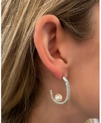 White Rhodium Clad CZ Hoop with Pearl detail