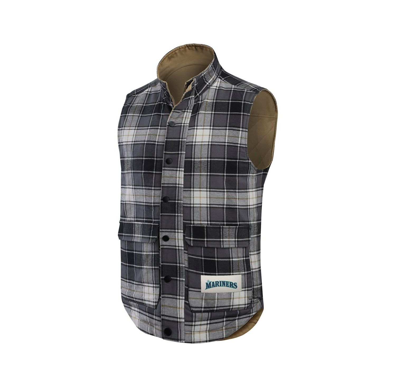 Darius Rucker Collection by Men's Tan/Charcoal Seattle Mariners Reversible Canvas Plaid Patch Full-Zip Vest