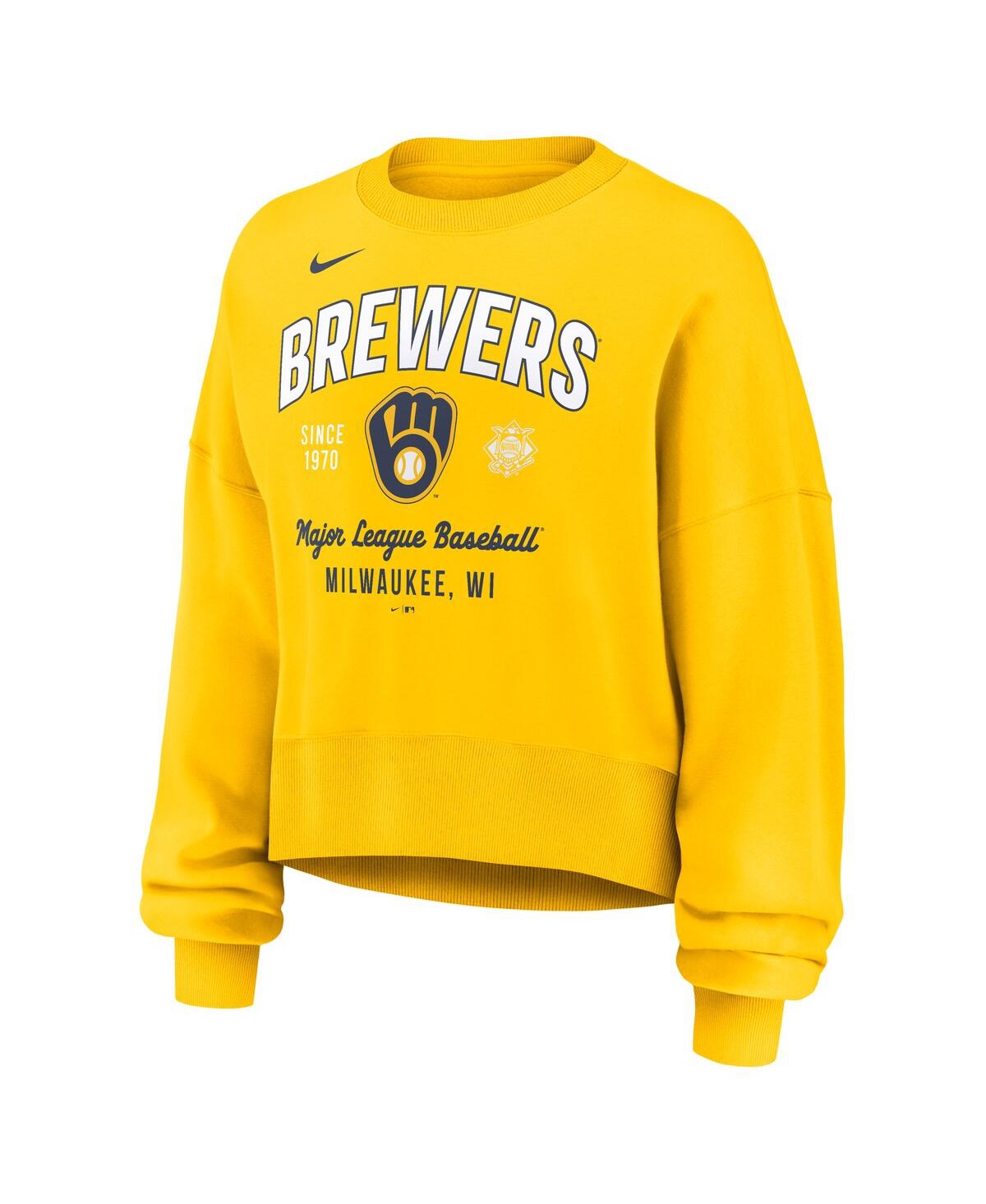 Nike Women's Gold Milwaukee Brewers Oversized Long Sleeve Cropped Pullover Sweatshirt In Gold